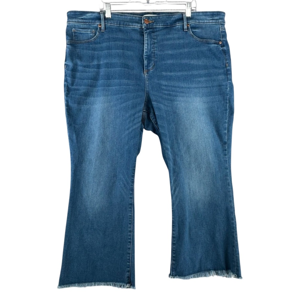 LOFT PLUS Womens Size 24 High Waist Flare Crop Frayed‎ Hem Blue Denim Jeans